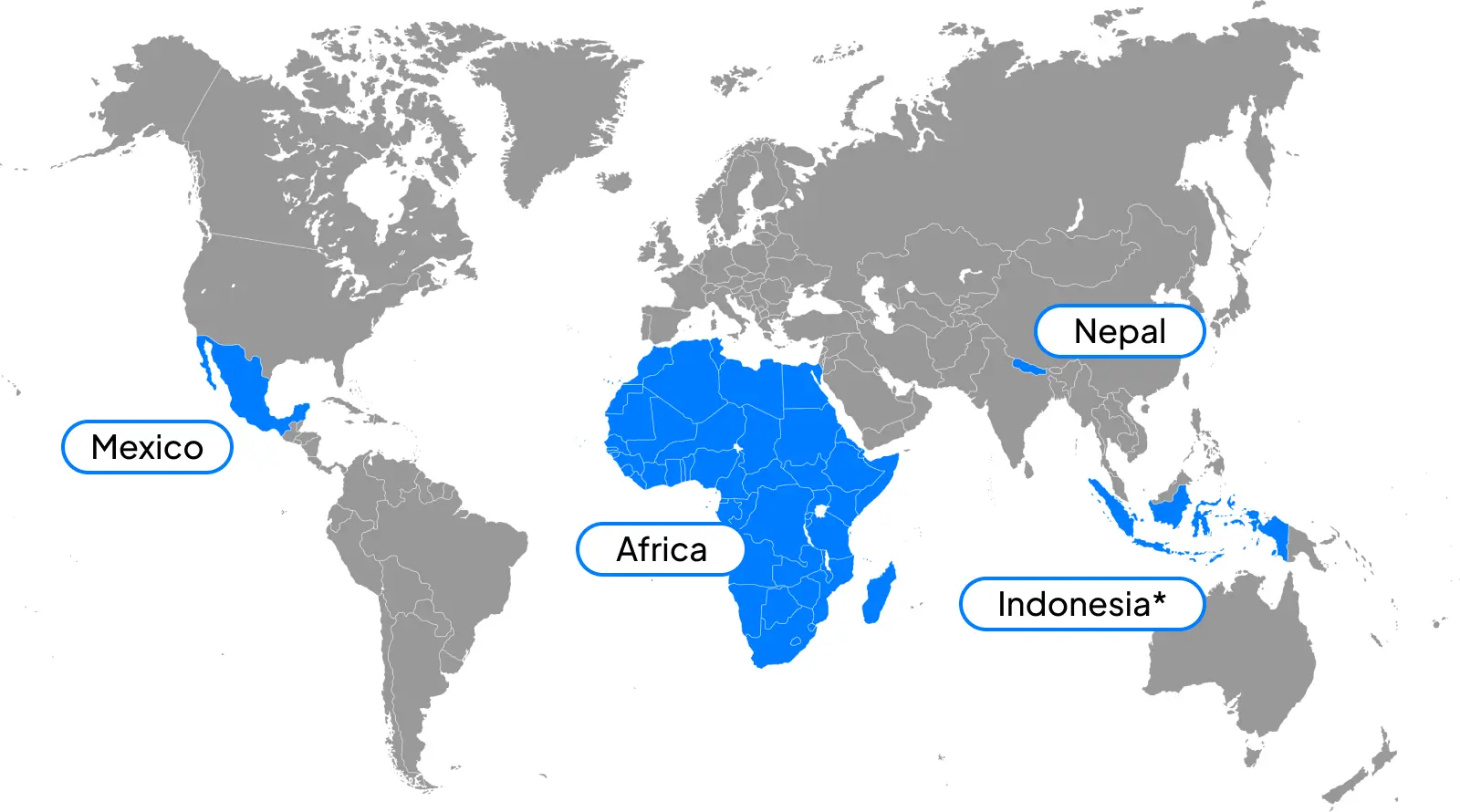 Mexico, Africa, Nepal, Indonesia